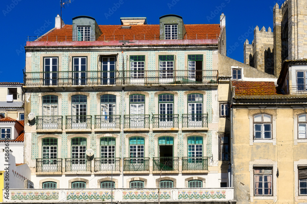 Facade of colonial-style buildings in Lisbon, Portugal