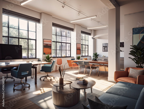 This office is designed to enhance creativity and productivity with its minimalist style, ample natural light, vibrant decor, and discreetly placed smart home technology.