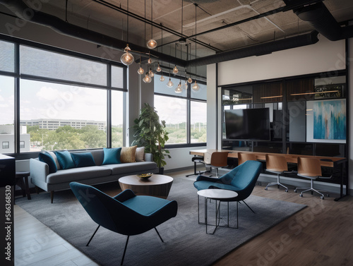 This office is designed to enhance creativity and productivity with its minimalist style, ample natural light, vibrant decor, and discreetly placed smart home technology.