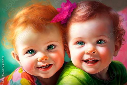happy couple of babies, bright colors. AI generated.