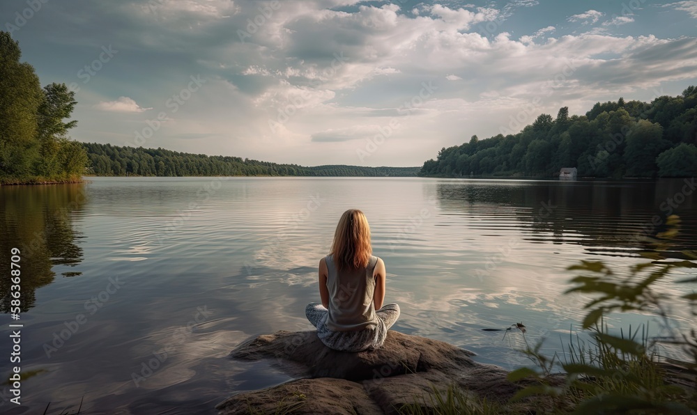 A woman practicing yoga and meditating on the shore of a lake on a summer background, generative AI A woman practicing yoga and meditating on the shore of a lake on a summer background, generative AI