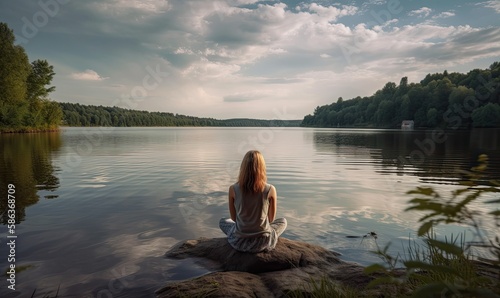 A woman practicing yoga and meditating on the shore of a lake on a summer background, generative AI