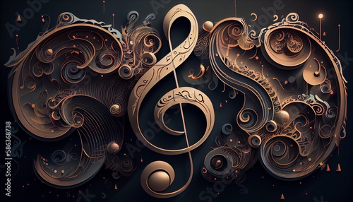 Luxury Gold Treble Clef of the stellar against on flying random golden notes. Beautiful musical notation symphony.