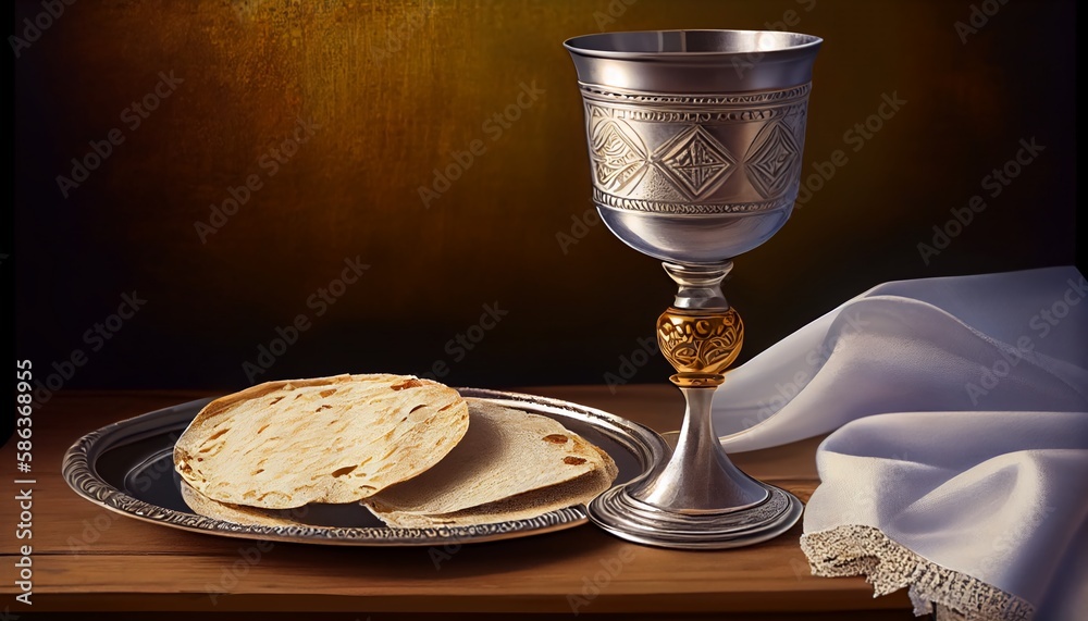 Kiddush Background Unleavened bread, chalice of wine, silver kiddush wine cup on red ...