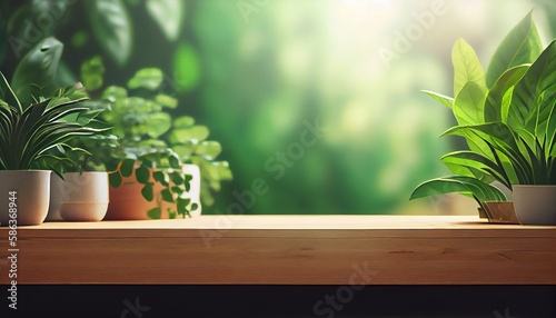 Wood table top on blur abstract green from garden in the morning background.For montage product display or design key visual layout