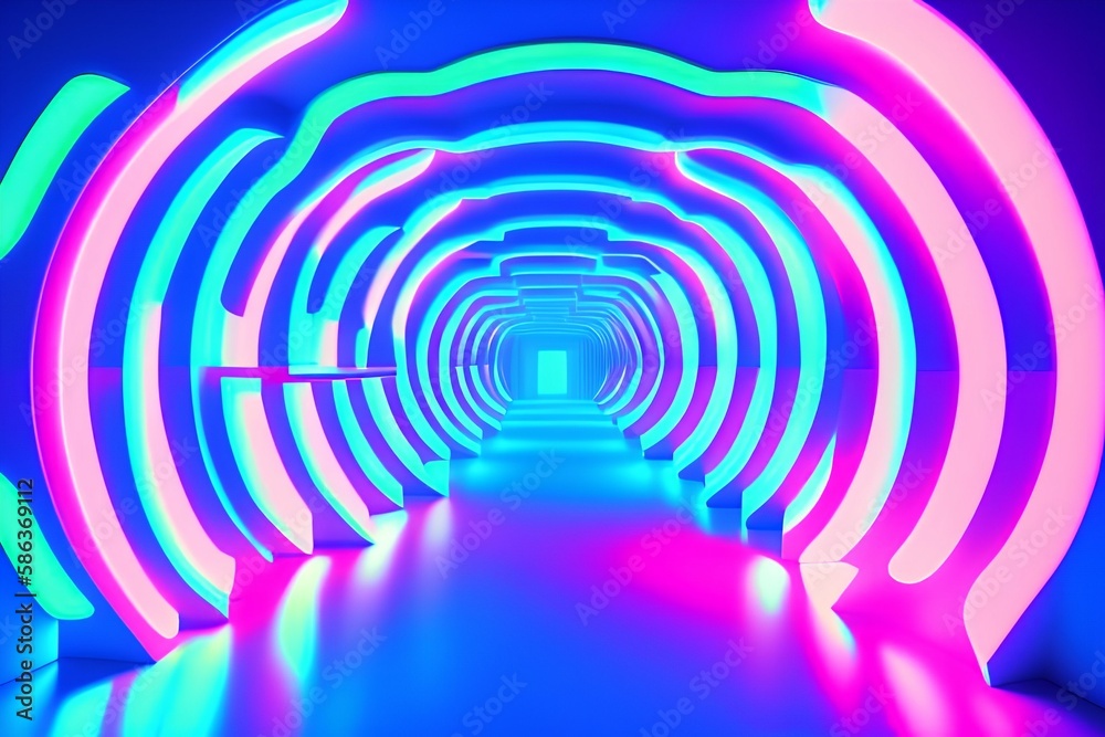 Cyber Neon Apartments Glowing Glass Frosted Panels Triangular Blue Purple Live Fluorescent Laser Lights Glowing Dark Hallway - generative ai Cyber Neon Apartments Glowing Glass Frosted Panels Triangular Blue Purple Live Fluorescent Laser Lights Glowing Dark Hallway - generative ai