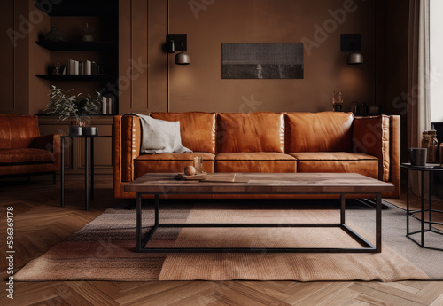 Industrial interior style, A distressed leather sofa in a warm cognac color, paired with metal and wood coffee and end tables and a bold graphic area rug