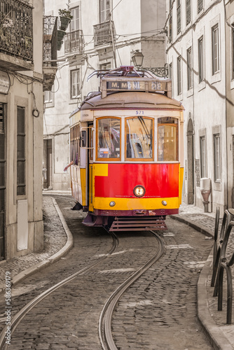 Traditional electric street car in Lisbon.