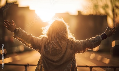 A woman and a free bird enjoying nature against the sunset, the concept of hope, generative AI