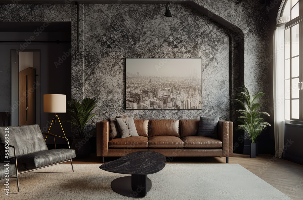 Living room Industrial interior style, A bold geometric patterned wallpaper or accent wall in black and white or a muted metallic finish, paired with a sleek and modern sectional sofa Living room Industrial interior style, A bold geometric patterned wallpaper or accent wall in black and white or a muted metallic finish, paired with a sleek and modern sectional sofa