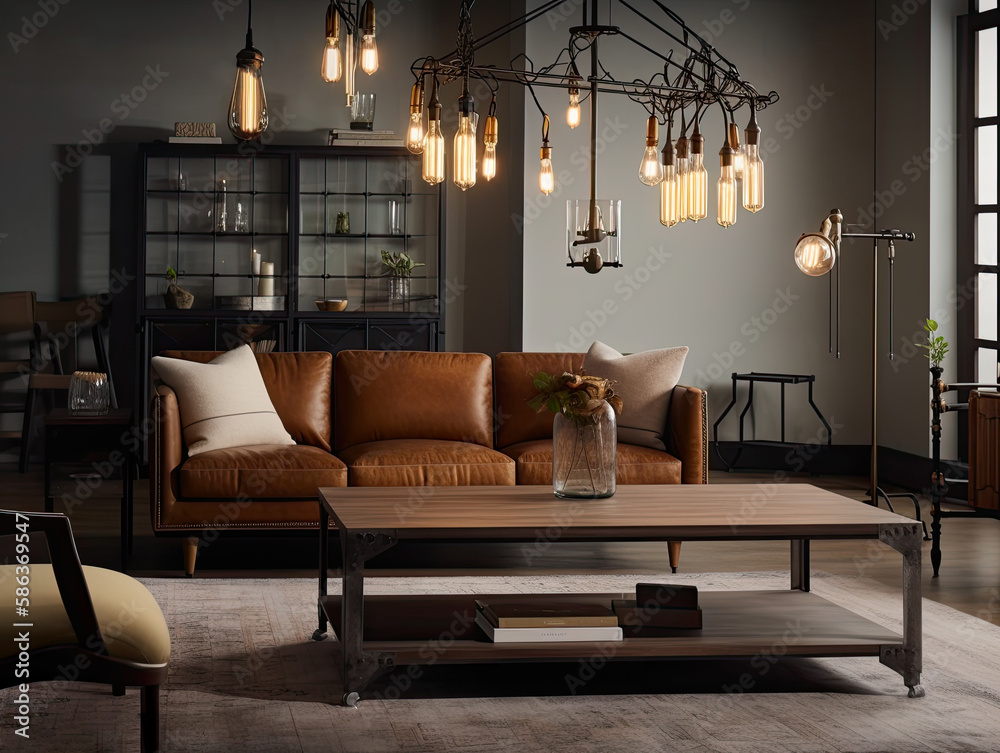 Image showcasing Living room Industrial interior style, A statement chandelier made of ...