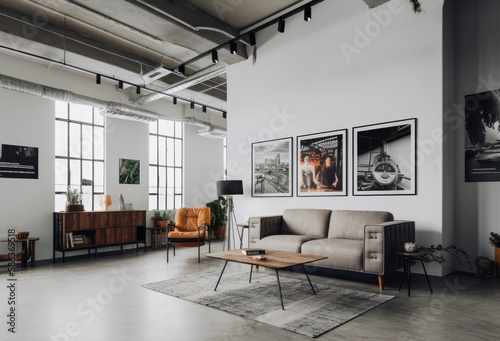 Fototapeta Living room Industrial interior style, A gallery wall featuring black and white photography and vintage advertisements, set against a backdrop of concrete or polished cement floors