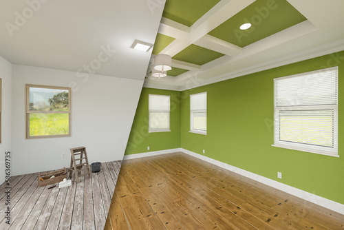 Bold Green Before and After of Master Bedroom Showing The Unfinished and Renovation State Complete with Coffered Ceilings and Molding.