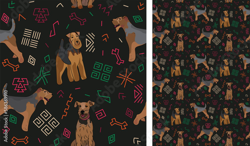 Abstract ethnic pattern with Welsh terrier, black background, juneteenth seamless pattern with hand-drawn lines and colorful shapes in traditional African style. Summer seamless pattern with dogs.