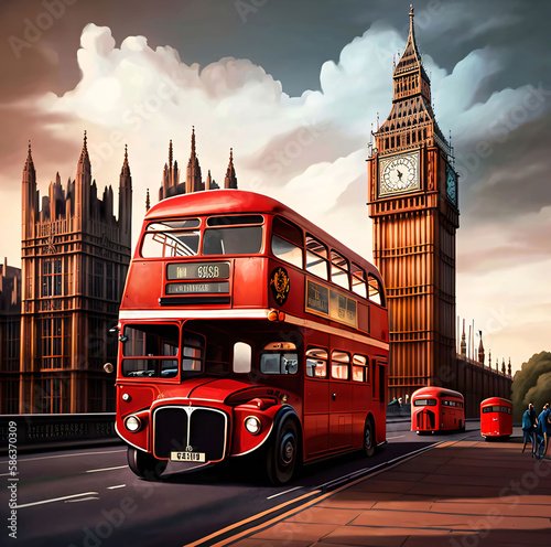 Ai Generated  Big Ben  Westminster Bridge and red double decker bus in London  England  United Kingdom.