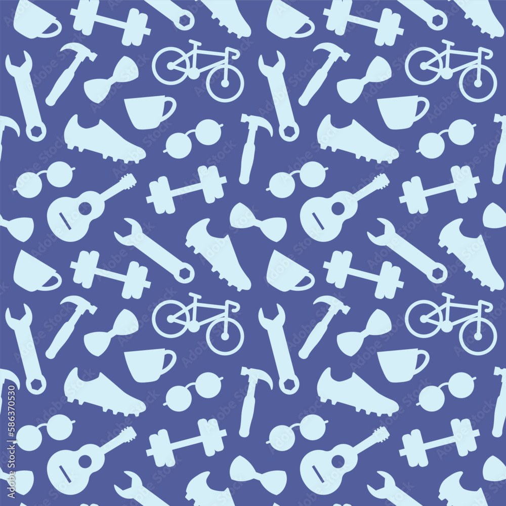 Father's Day seamless pattern with bow tie, eyeglasses, screwdriver, wrench, bike, guitar, coffee cup, soccer shoe, dumbbell, icons- vector illustration Father's Day seamless pattern with bow tie, eyeglasses, screwdriver, wrench, bike, guitar, coffee cup, soccer shoe, dumbbell, icons- vector illustration