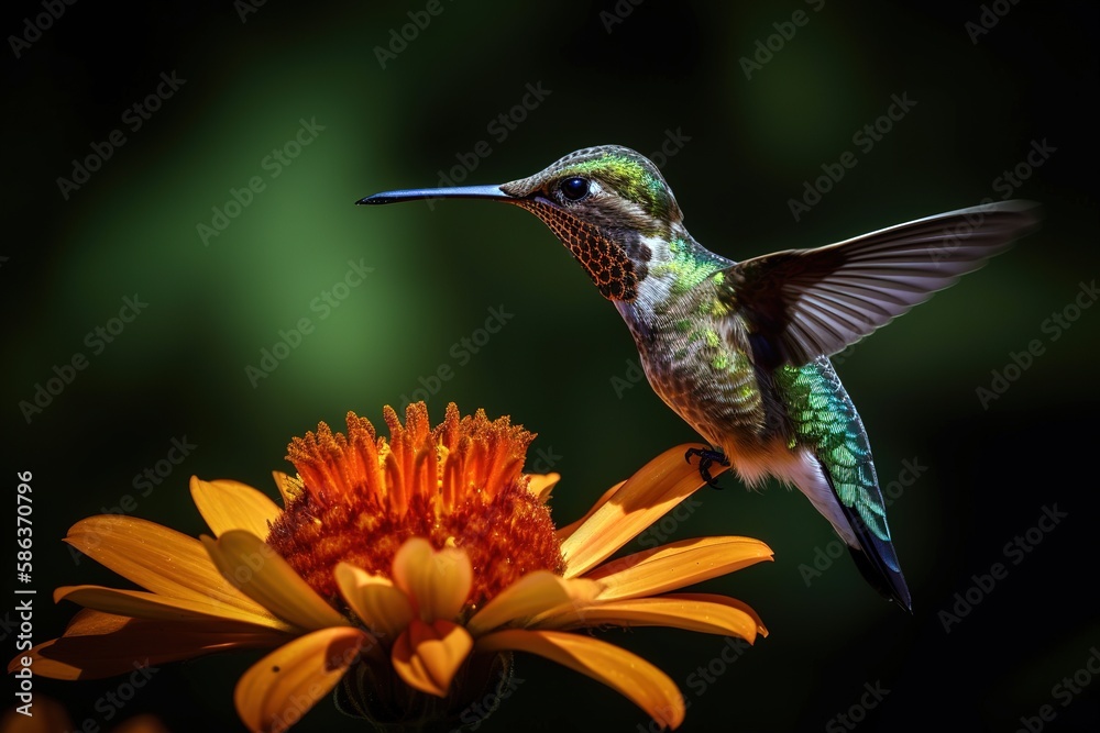 Fototapeta premium Adorable hummingbird flying around a flower for drinking nectar. Generative AI shot