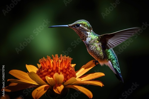 Adorable hummingbird flying around a flower for drinking nectar. Generative AI shot © Pajaros Volando