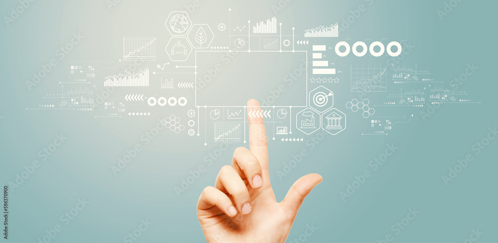 Eco theme with hand pressing a button on a technology screen Eco theme with hand pressing a button on a technology screen