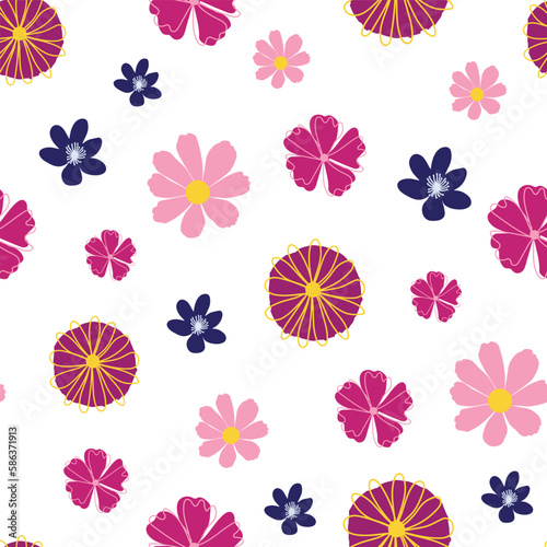 Pink dark blue flowers white background seamless pattern print