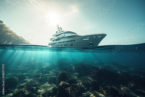  Ocean Luxurious yacht floating on crystal-clear waters. Maritime luxury and leisure concept. AI Generative