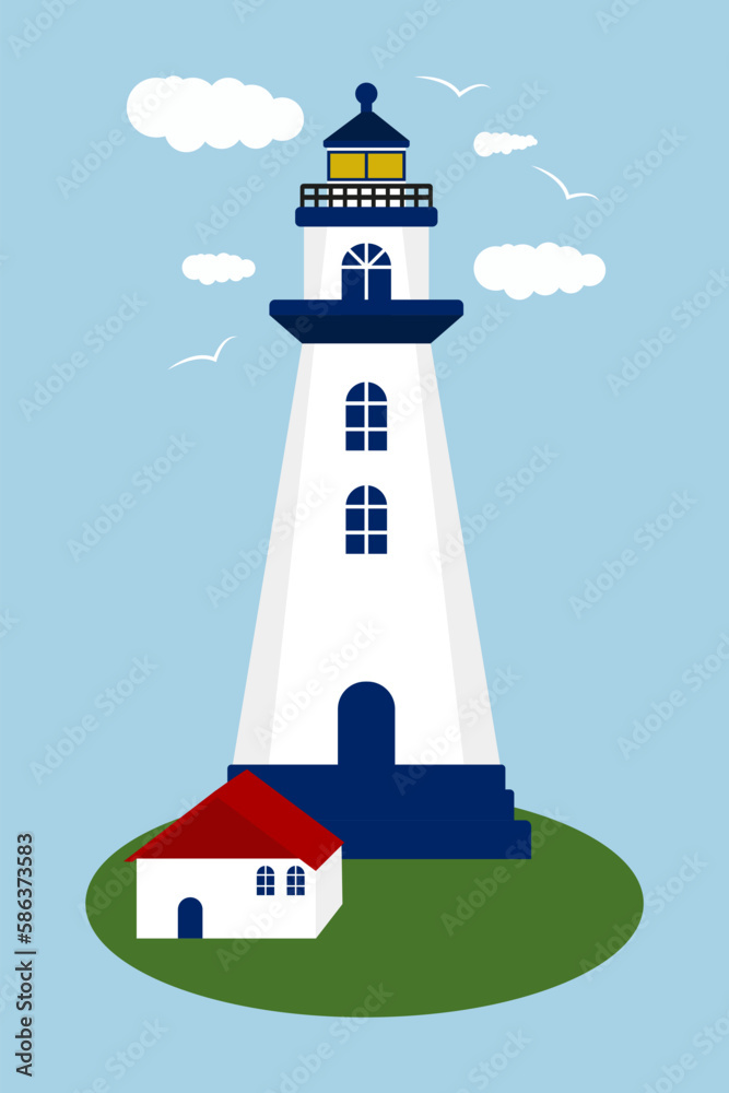 Lighthouse with a house, clouds, seagulls against the sky. Nautical concept for the design of books, posters, brochures, flyer, poster, postcard. Lighthouse with a house, clouds, seagulls against the sky. Nautical concept for the design of books, posters, brochures, flyer, poster, postcard.