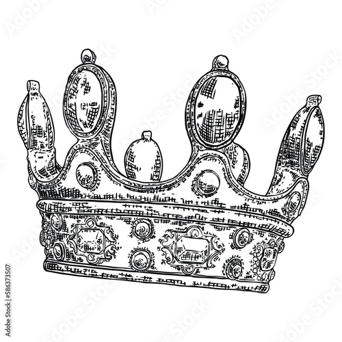 Coronation crown for king or queen. Symbolic religious ceremony while sovereign is crowned to monarch's head with crown. Monarch is the head of the Church of England with title and powers.
