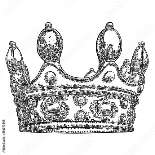 Crown headdress for king and queen. Royal noble aristocrat monarchy jewel crown. Monarch jewels royalty luxury coronation treasure symbol. Hand drawing vector.
