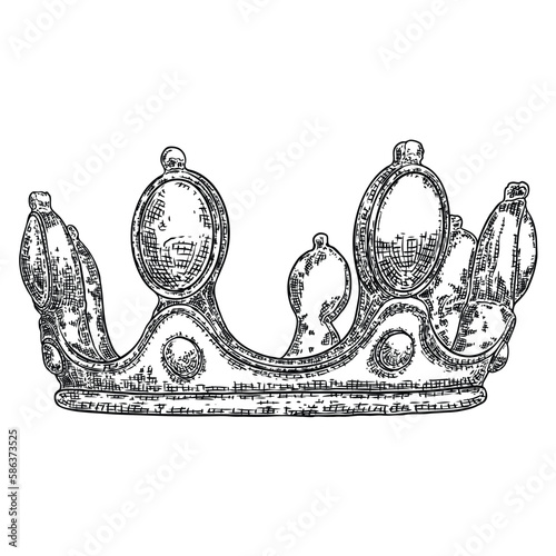 King or Queen crown on in vintage etching style. Coronation headdress for king and queen. Royal noble aristocrat monarchy jewel crown. Monarch jewels treasure symbol. Hand drawing vector.