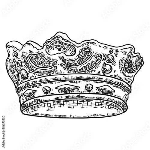 Crown headdress for king and queen. Royal noble aristocrat monarchy jewel crown. Monarch jewels royalty luxury coronation treasure symbol. Hand drawing vector.