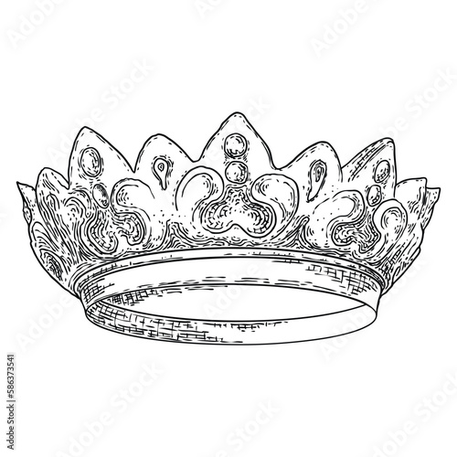 Crown headdress for king and queen. Royal noble aristocrat monarchy jewel crown. Monarch jewels royalty luxury coronation treasure symbol. Hand drawing vector.