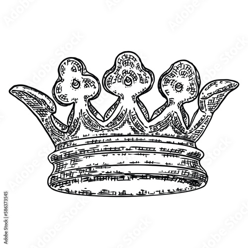 Crown headdress for king and queen. Royal noble aristocrat monarchy jewel crown. Monarch jewels royalty luxury coronation treasure symbol. Hand drawing vector.