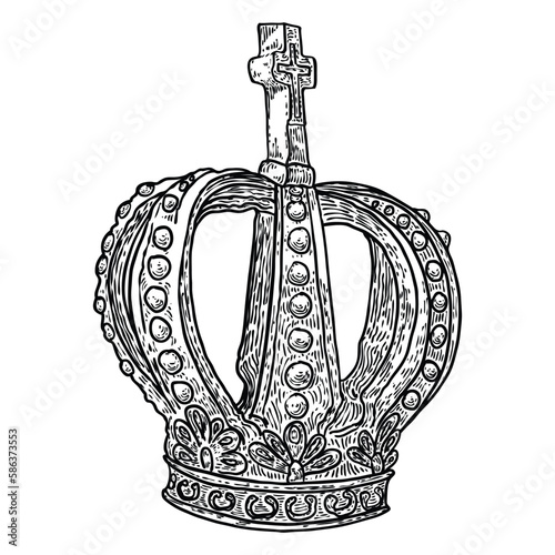 Crown headdress for king and queen. Royal noble aristocrat monarchy jewel crown. Monarch jewels royalty luxury coronation treasure symbol. Hand drawing vector.