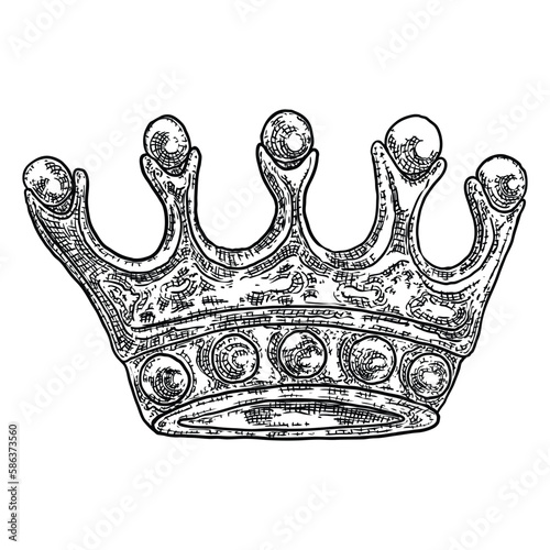 King or Queen crown on in vintage etching style. Coronation headdress for king and queen. Royal noble aristocrat monarchy jewel crown. Monarch jewels treasure symbol. Hand drawing vector.