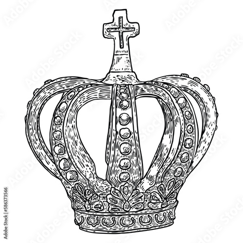 Coronation crown for king or queen. Symbolic religious ceremony while sovereign is crowned to monarch's head with crown. Monarch is the head of the Church of England with title and powers.