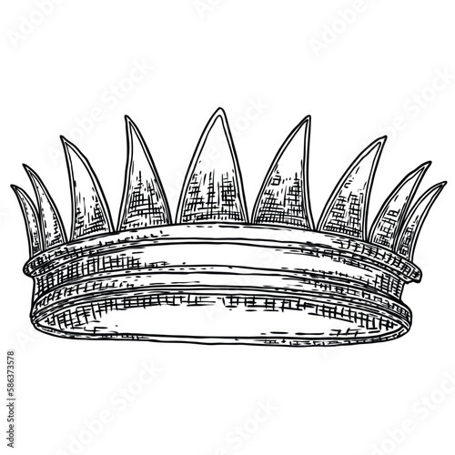 Crown headdress for king and queen. Royal noble aristocrat monarchy jewel crown. Monarch jewels royalty luxury coronation treasure symbol. Hand drawing vector.
