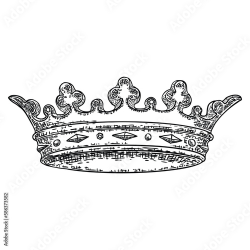 Crown headdress for king and queen. Royal noble aristocrat monarchy jewel crown. Monarch jewels royalty luxury coronation treasure symbol. Hand drawing vector.