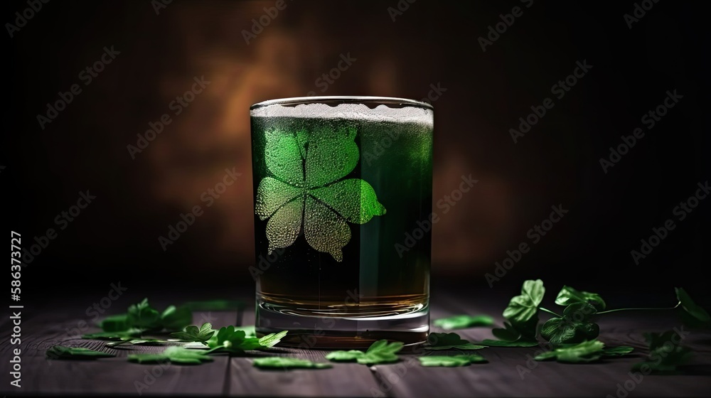 Cold beer with clovers inside, St. Patrick's Day Holiday, generative ai