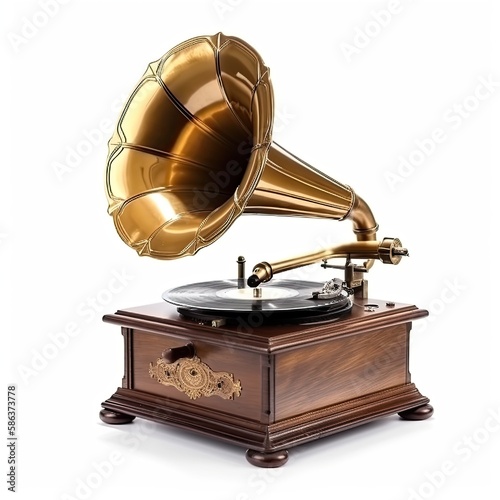 Gold Vintage and classic gramophone isolate on white background, generative ai