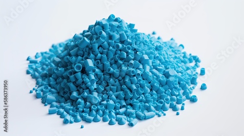Stack of a blue plastic polymer granules on a white background, generative ai
