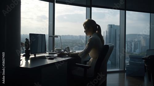 Modern Workspace. A panoramic view of a modern and sleek office space with a woman working. Productivity and business concept. AI Generative