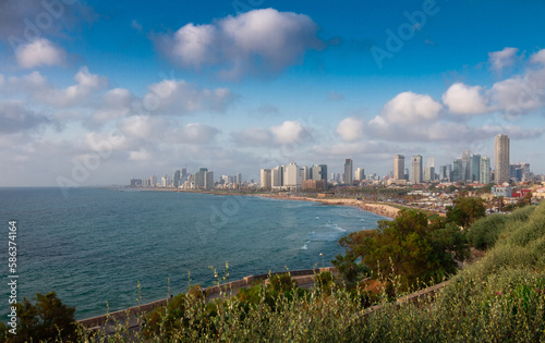 Tel Aviv panorama: high skyscrapers, blue sea, beach and green gardens
