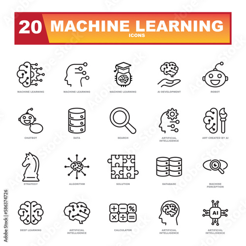 Machine learning and artificial intelligence icons collection.
