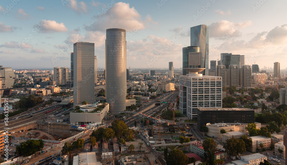 Fototapeta premium Tel Aviv-Yafo, Israel - September 23, 2020: Tel Aviv aerial panorama. Modern glass skyscrapers