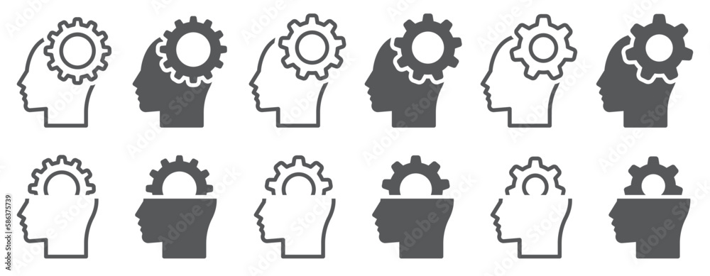 Set of human heads with gears. Cogwheel inside brain, thinking, processing ideas, artificial intelligence, brainstorming. Mind and mental work, settings. Vector. Set of human heads with gears. Cogwheel inside brain, thinking, processing ideas, artificial intelligence, brainstorming. Mind and mental work, settings. Vector.