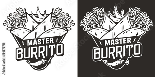 Burrito vector with meat and vegetable for logo or emblem. Traditional mexican fast food. Burritos latin food with tortilla, leaves lettuce, cheese, tomato, forcemeat, sauce