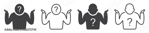 Set of shrug icons, doubt. Question mark, unsure, people, man. Vector.