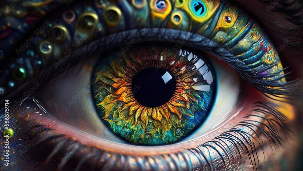 Human eye iris close-up, colorful photorealistic detailed painting, psychedelic art looped animation