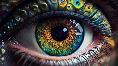 Human eye iris close-up, colorful photorealistic detailed painting, psychedelic art looped animation