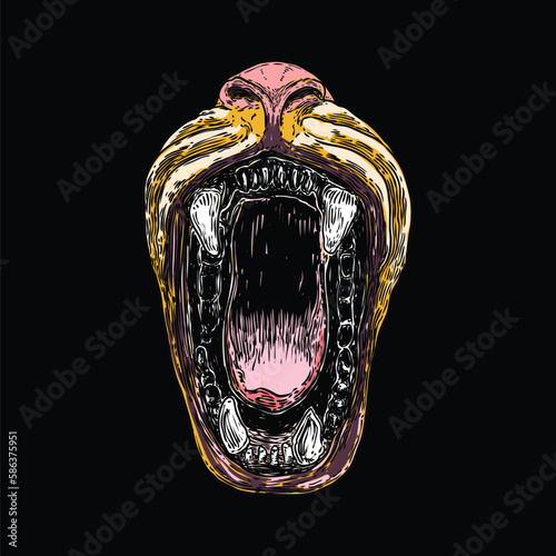 Beast open mouth with fangs and teeth. Monster maw jaw, werewolf or Carnivore animals. Car tiger or bear. Vector.